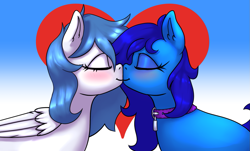 Size: 1281x776 | Tagged: safe, artist:sondy, imported from derpibooru, oc, oc only, oc:delly, oc:graceful motion, pegasus, pony, unicorn, collar, commission, cute, duo, eyes closed, female, heart, kissing, lesbian, mare, oc x oc, shipping, wings, ych result