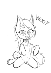 Size: 1750x2500 | Tagged: safe, artist:henko, imported from derpibooru, oc, pony, behaving like a dog, collar, drool, monochrome, solo, tongue out