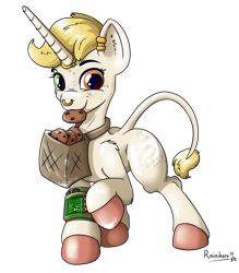 Size: 2172x2480 | Tagged: safe, artist:rainihorn, imported from derpibooru, oc, oc only, oc:lollipop, pony, unicorn, derpibooru community collaboration, 2022 community collab, basket, cookie, food, heterochromia, high res, hooves, jewelry, leonine tail, male, pip-boy, pipbuck, ring, simple background, solo, stallion, tail, transparent background