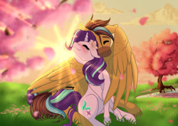 Size: 1024x725 | Tagged: safe, artist:nuumia, imported from derpibooru, starlight glimmer, oc, pegasus, pony, canon x oc, flower, leaves, male, stallion, tree