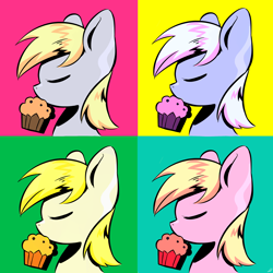 Size: 2894x2894 | Tagged: safe, artist:bubbletea, imported from derpibooru, derpy hooves, pegasus, pony, background pony, colorful, cute, derp, dizzy doo, food, g4, high res, modern art, muffin, pop art