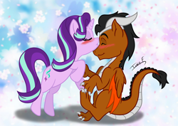 Size: 3508x2481 | Tagged: safe, artist:memprices, imported from derpibooru, starlight glimmer, oc, oc:draco k-night blaze, dracony, dragon, hybrid, blushing, cute, high res, kissing, request, requested art, smooching, starlaco, vector