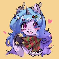 Size: 1200x1200 | Tagged: safe, artist:qamar, imported from derpibooru, izzy moonbow, pony, unicorn, antlers, christmas, clothes, cute, female, g5, happy, holiday, izzybetes, mare, my little pony: a new generation, open mouth, open smile, scarf, smiling, solo, underhoof, unshorn fetlocks