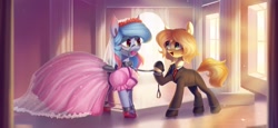 Size: 2048x938 | Tagged: safe, artist:enderselyatdark, imported from derpibooru, oc, oc only, earth pony, pony, ballgag, bondage, bridle, clothes, collar, commission, dress, duo, gag, gown, leash, looking at each other, looking at someone, open mouth, open smile, pacifier, pacifier gag, pet play, pink dress, smiling, spreader bar, suit, tack