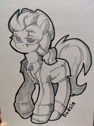 Size: 1624x2160 | Tagged: safe, artist:dodsie, imported from derpibooru, oc, oc only, oc:steadfast faith, earth pony, pony, clothes, eye scar, female, looking at you, mare, monochrome, scar, solo, traditional art, uniform