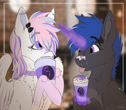 Size: 960x841 | Tagged: safe, artist:galaxylatte, imported from derpibooru, oc, oc:candy breeze, oc:galaxylatte, pegasus, unicorn, :p, bow, chest fluff, coffee, coffee cup, coffee mug, collar, couple, cup, date, date night, drinking, ear piercing, female, freckles, industrial piercing, lesbian, love, magic, magical lesbian spawn, mug, offspring, piercing, tongue out