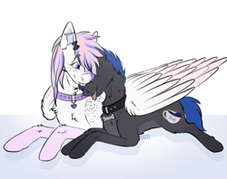 Size: 960x762 | Tagged: safe, artist:galaxylatte, imported from derpibooru, oc, oc:candy breeze, oc:galaxylatte, unicorn, bone, coffee, collar, couple, cuddling, female, hug, hugging a pony, lesbian, love, lying down, nuzzling, prone, tongue out, winghug, wings