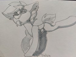 Size: 2560x1925 | Tagged: safe, artist:dodsie, imported from derpibooru, oc, oc only, changeling, changeling oc, ear piercing, earring, glasses, jewelry, male, monochrome, piercing, raised hoof, solo, stallion, traditional art