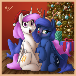 Size: 2000x2000 | Tagged: safe, artist:supermoix, imported from derpibooru, princess celestia, princess luna, alicorn, pegasus, pony, antlers, christmas, christmas lights, christmas tree, cute, cutelestia, high res, holiday, looking at you, looking back, luna is not amused, pink-mane celestia, present, red nose, reindeer antlers, royal sisters, siblings, sisters, sitting, tree, unamused