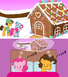 Size: 1280x1451 | Tagged: safe, artist:mlplary6, imported from derpibooru, cheese sandwich, pinkie pie, earth pony, pony, cheesepie, christmas, female, gingerbread house, holiday, male, shipping, sleeping, straight