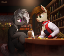 Size: 2843x2500 | Tagged: safe, artist:uliovka, imported from derpibooru, oc, oc only, oc:dark, oc:swango, hippogriff, pony, unicorn, alcohol, bar, beer, building, clothes, commission, high res, knife, looking at each other, looking at someone, male, scenery, smiling, stallion, window