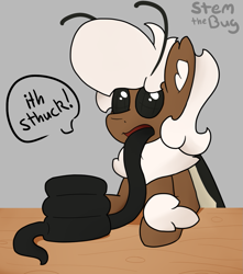 Size: 1083x1225 | Tagged: safe, artist:stemthebug, imported from derpibooru, oc, oc only, oc:stem bedstraw, hybrid, insect, moth, mothpony, original species, pony, cartoon physics, eating, food, pancakes, solo, stuck, tongue out