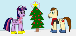 Size: 1181x566 | Tagged: safe, artist:red-brick-1, imported from derpibooru, twilight sparkle, oc, alicorn, 1000 hours in ms paint, boots, christmas, christmas tree, clothes, duo, earmuffs, holiday, scarf, shoes, snow, striped scarf, tree, twilight sparkle (alicorn)