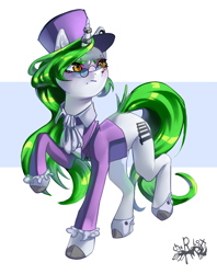 Size: 2780x3507 | Tagged: safe, artist:charlot, imported from derpibooru, snowfall frost, starlight glimmer, oc, oc:electra green, pony, unicorn, glasses, hat, high res, piercing, solo