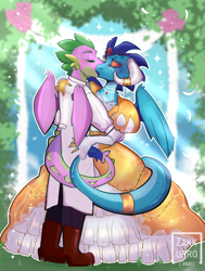 Size: 4000x5300 | Tagged: safe, artist:zakkurro, imported from derpibooru, princess ember, spike, anthro, dragon, absurd resolution, boots, clothes, dragoness, dress, emberspike, eyes closed, eyeshadow, female, horn, horn ring, implied wing hole, jewelry, kiss on the lips, kissing, makeup, male, marriage, older, older spike, prince spike, ring, romantic, shipping, shoes, straight, tail, tail ring, wedding, wedding dress, winged spike, wings