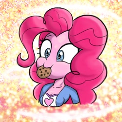 Size: 2048x2048 | Tagged: safe, artist:stammis, imported from derpibooru, pinkie pie, equestria girls, breasts, cleavage, cookie, cute, diapinkes, food, high res, mouth hold, solo