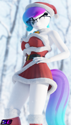 Size: 2160x3840 | Tagged: safe, artist:shadowboltsfm, imported from derpibooru, oc, oc:aurora starling, anthro, plantigrade anthro, 3d, 4k, blender, christmas, clothes, costume, cute, eyelashes, female, glasses, hand on hip, hat, high res, holiday, looking at you, not sfm, one eye closed, santa costume, santa dress, santa hat, smiling, solo, wink