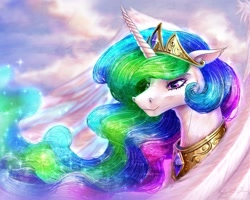 Size: 1263x1008 | Tagged: safe, artist:thatonegib, imported from derpibooru, princess celestia, alicorn, pony, bust, cloud, crown, ethereal mane, flowing mane, jewelry, looking down, mane, portrait, regalia, smiling, solo, wings