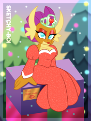 Size: 3000x4000 | Tagged: safe, artist:snakeythingy, imported from derpibooru, smolder, dragon, breasts, busty smolder, christmas, christmas tree, dragoness, eyeshadow, female, hearth's warming, holiday, kiss mark, lipstick, looking at you, makeup, present, princess smolder, red eyeshadow, red lipstick, story included, tree