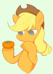 Size: 1732x2415 | Tagged: safe, artist:noupu, imported from derpibooru, applejack, earth pony, pony, applejack's hat, bust, cowboy hat, food, fruit, green background, hat, hoof on chin, lidded eyes, looking at something, persimmon, pondering, simple background, solo