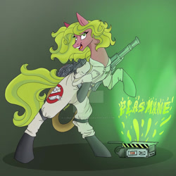 Size: 1024x1024 | Tagged: safe, artist:lunathemoongod, imported from derpibooru, plasmane, earth pony, pony, crossover, deviantart watermark, female, ghost trap, ghostbusters, mare, obtrusive watermark, proton pack, solo, watermark