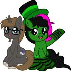 Size: 1522x1525 | Tagged: safe, artist:lincolnbrewsterfan, derpibooru exclusive, imported from derpibooru, oc, oc only, oc:funnygamer95, oc:toxicpie, earth pony, pony, unicorn, derpibooru community collaboration, .svg available, 2022 community collab, alternate universe, best friends, black mane, black tail, brown mane, brown tail, clothes, colored eyebrows, cute, duo, earth pony oc, elements of poison, eyebrows, facial hair, female, glasses, goatee, happy, hat, horn, jester hat, looking at you, mare, monster, ocbetes, open mouth, open smile, pink mane, simple background, sitting, smiling, smiling at you, socks, striped socks, svg, tail, top hat, transparent background, two toned mane, unicorn oc, unshorn fetlocks, vector, waving, waving at you