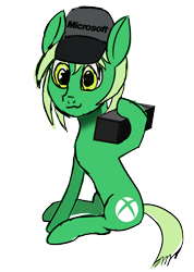 Size: 1800x2530 | Tagged: safe, artist:tazool, imported from derpibooru, oc, oc only, oc:natal, earth pony, pony, derpibooru community collaboration, 2022 community collab, female, hat, microsoft, simple background, sitting, solo, transparent background, xbox