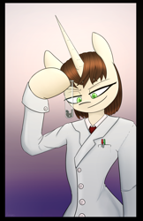 Size: 2687x4156 | Tagged: safe, artist:tenenbris, imported from derpibooru, oc, oc:elinvar, oc:inkenel, pony, semi-anthro, unicorn, clothes, female, lab coat, larger female, macro, male, micro, shrunk, size difference, smaller male, test tube