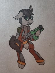 Size: 1209x1612 | Tagged: safe, artist:rustlerustle, imported from derpibooru, oc, oc:cornerstone, bat pony, pony, fallout equestria, clothes, glasses, laser rifle, male, scarf, scribe, solo, traditional art