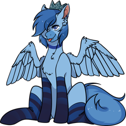 Size: 1200x1200 | Tagged: safe, artist:summer rose arts, imported from derpibooru, oc, oc only, oc:simon pegasus, pegasus, pony, derpibooru community collaboration, 2022 community collab, clothes, crown, ear piercing, earring, fangs, jewelry, piercing, regalia, simple background, socks, solo, spread wings, stockings, striped socks, thigh highs, tongue out, transparent background, wingboner, wings