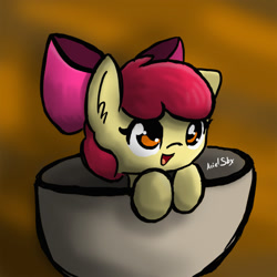 Size: 800x800 | Tagged: safe, artist:arielsbx, imported from derpibooru, apple bloom, earth pony, pony, adorabloom, bowl, cup, cup of pony, cute, female, filly, micro, solo