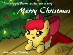 Size: 450x338 | Tagged: safe, artist:arielsbx, imported from derpibooru, apple bloom, earth pony, pony, adorabloom, animated, apple bloom's bow, bow, christmas, christmas lights, christmas stocking, christmas tree, cute, female, filly, hair bow, happy, holiday, never stop believing, open mouth, open smile, positive ponies, smiling, sock, solo, tree, weapons-grade cute