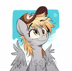 Size: 2480x2454 | Tagged: safe, artist:fanzeem, imported from derpibooru, derpy hooves, pegasus, pony, bust, cap, chest fluff, commission, cute, derpabetes, eye clipping through hair, eyebrows, eyebrows visible through hair, female, hat, high res, mailmare hat, mare, misspelling, solo, watermark, wing fluff, wings