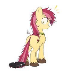 Size: 2480x2721 | Tagged: source needed, safe, artist:fanzeem, imported from derpibooru, roseluck, earth pony, pony, about to have tail sucked into a roomba, butt, collar, commission, commissioner:doom9454, cute, emanata, fluffy, high res, looking back, plot, pony pet, roomba, rosebutt, rosepet, simple background, solo, tail, tail pull, tangled up, white background, wide eyes