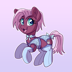 Size: 2480x2480 | Tagged: safe, artist:dandy, imported from derpibooru, jasmine leaf, earth pony, pony, :3, bow, bra, bra on pony, clothes, collar, female, frilly, garter belt, garter straps, gradient background, happy, high res, lingerie, looking at you, mare, open mouth, open smile, smiling, smiling at you, solo, stockings, tail, tail bow, thigh highs, underwear