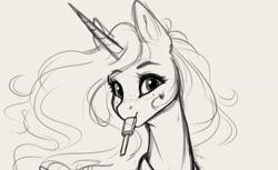 Size: 1985x1214 | Tagged: safe, artist:miokomata, imported from derpibooru, princess celestia, alicorn, pony, bust, cute, cutelestia, female, food, freckles, grayscale, looking at you, mare, monochrome, mouth hold, popsicle, simple background, sketch, solo, white background