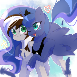 Size: 2048x2048 | Tagged: safe, artist:reika neko, imported from derpibooru, princess luna, oc, oc:raxella gessu, alicorn, pegasus, pony, canon x oc, couple, cuddling, g4, high res, hug, pegasus oc, shipping, simp, wholesome