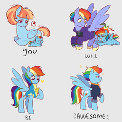 Size: 2160x2160 | Tagged: safe, artist:aylufujo, imported from derpibooru, bow hothoof, rainbow dash, windy whistles, pegasus, pony, baby, baby pony, clothes, eyelashes, father and child, father and daughter, female, filly, filly rainbow dash, flying, gray background, heart, hoof hold, looking back, lying down, male, mare, medal, mother and child, mother and daughter, newborn, older, older rainbow dash, pictogram, prone, raised hoof, simple background, smiling, solo, underhoof, uniform, unshorn fetlocks, wings, wonderbolt trainee uniform, younger