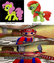 Size: 1584x1840 | Tagged: safe, artist:thegamerpainter, imported from derpibooru, peachy sweet, earth pony, original species, plush pony, pony, apple family member, looking at you, mario, pinkie pie hair, plushie, smg4, solo, super mario bros., youtube, youtube link