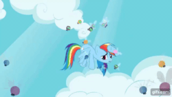 Size: 640x360 | Tagged: safe, imported from derpibooru, screencap, rainbow dash, parasprite, pegasus, pony, season 1, swarm of the century, animated, cloud, female, flying, gif, gifs.com, mare, open mouth, solo, spread wings, we don't normally wear clothes, wings