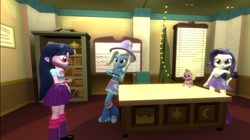 Size: 1024x575 | Tagged: safe, artist:undeadponysoldier, imported from ponybooru, rarity, spike, trixie, twilight sparkle, dog, equestria girls, blinds, bookshelf, celestia's office, chatting, clothes, crossed arms, desk, female, hanging out, happy, leaning, male, raised eyebrow, skirt, smiling, spike the dog, talking, wand, window