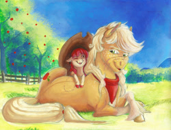 Size: 1280x973 | Tagged: safe, artist:earthsong9405, imported from twibooru, apple bloom, applejack, earth pony, pony, accessory swap, applejack's hat, bite mark, cowboy hat, female, filly, freckles, hat, image, kerchief, looking at each other, mare, needs more jpeg, scar, siblings, sisterly love, sisters