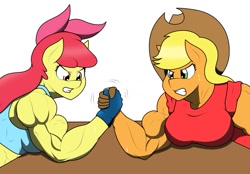 Size: 1011x705 | Tagged: safe, artist:matchstickman, imported from derpibooru, apple bloom, applejack, anthro, earth pony, apple brawn, apple sisters, applejacked, arm wrestling, bicep, breasts, busty applejack, clothes, duo, female, fingerless gloves, gloves, gritted teeth, muscles, muscular female, older, older apple bloom, shirt, siblings, sisters, sports bra, struggling, sweat, t-shirt, table
