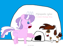 Size: 1826x1328 | Tagged: safe, artist:coltfan97, imported from derpibooru, diamond tiara, pipsqueak, earth pony, pony, 1000 hours in ms paint, frown, happy, igloo, looking at each other, looking at someone, raised hoof, winter