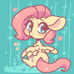Size: 783x776 | Tagged: safe, artist:oofycolorful, imported from derpibooru, fluttershy, pegasus, pony, big ears, blushing, chest fluff, chibi, cute, female, looking at you, looking back, looking back at you, mare, pixel art, short mane, shyabetes, sitting, solo, sparkly eyes, spread wings, wingding eyes, wings