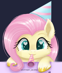 Size: 612x719 | Tagged: safe, artist:fluttershy_art.nurul, imported from derpibooru, fluttershy, pegasus, pony, fluttershy leans in, adorable face, beautiful, birthday, cheek fluff, cute, daaaaaaaaaaaw, hair, hat, heart eyes, horseshoes, mouth hold, new year, new years eve, party hat, party horn, shyabetes, smiling, solo, unshorn fetlocks, weapons-grade cute, wingding eyes