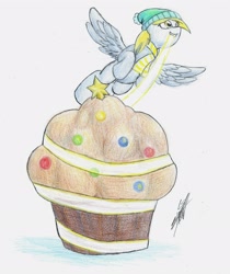 Size: 2548x3036 | Tagged: safe, artist:nightshadow154, imported from derpibooru, derpy hooves, pegasus, pony, christmas, christmas lights, clothes, female, flying, food, grin, hat, high res, holiday, mare, mouth hold, muffin, scarf, smiling, solo, spread wings, traditional art, wings