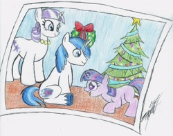 Size: 2540x2000 | Tagged: safe, artist:nightshadow154, imported from derpibooru, shining armor, twilight sparkle, twilight velvet, pony, unicorn, blank flank, brother and sister, christmas, christmas tree, christmas wreath, colt, colt shining armor, female, filly, filly twilight sparkle, happy, high res, holiday, jewelry, male, mother and child, necklace, photo, present, siblings, smiling, traditional art, tree, wreath, younger