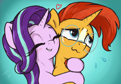 Size: 2400x1680 | Tagged: safe, artist:t72b, imported from derpibooru, starlight glimmer, sunburst, pony, unicorn, blushing, bust, cheek squish, cute, duo, duo male and female, embarrassed, eye clipping through hair, eyes closed, female, glasses, glimmerbetes, grin, high res, hug, male, mare, shipping, simple background, smiling, squishy cheeks, stallion, starburst, straight, sunbetes, sunburst's glasses