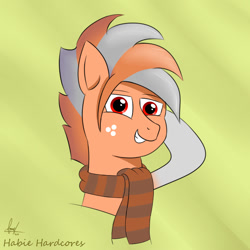Size: 1000x1000 | Tagged: safe, artist:habiepon3, imported from derpibooru, oc, oc only, oc:habie hardcores, pegasus, pony, bust, clothes, cute, happy, looking at you, male, scarf, simple background, smiling, solo, striped scarf